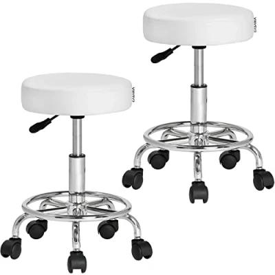 Image de Casaria Tabouret à roulettes Set de 2 réglable en Hauteur 51 65 cm Rembourrage 10 pivotable 360 C Repose Pieds Bureau Blanc