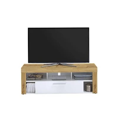 Image de en haut, le meuble TV Vidi est équipé de 3 niches et bas, il compte 2 compartiments ouverts et un large tiroir blanc. Assez