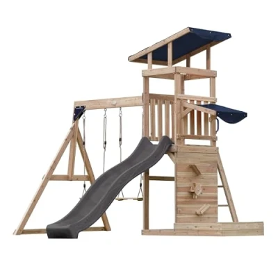 Image de AXI Malik Aire de Jeux en Bois avec 2 Balançoires, Toboggan Gris/ Extérieur Bac à Sable et Mûr Jeux/Toboggan