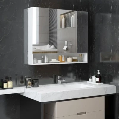 Image de kleankin Armoire Murale Salle de Bain avec Miroir, 90 x 15 75 cm, Meuble Bain, Toilette 3 Portes Compartiment Ouvert et étagères réglables, Blanc