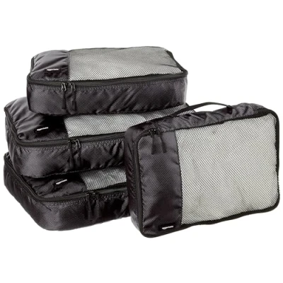 Image de Amazon Basics Cubes d&#039;emballage pour Valise, Organisateurs de Voyage, Fermeture Éclair, Lot 4, 2 Grandes et Moyennes, Noir
