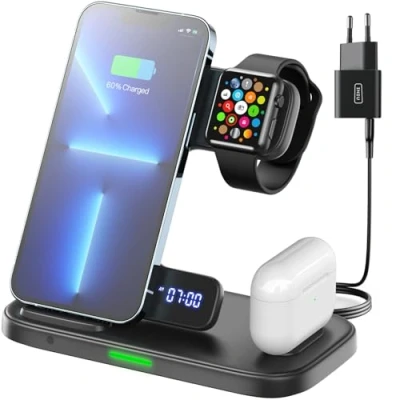 Image de INIU Chargeur sans Fil 3 en 1, Station de Charge 15W pour Phone, iWatch 9 8, AirPods 4 Pro avec Adaptateur USB C 25W, Rapide et Affichage Adaptatif
