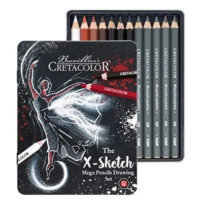 Image de Cretacolor X Mega Drawing Boîte de 12 crayons à croquis, craie blanche, huile sanguine, sépia clair, foncé, néro, graphite