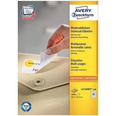 Image de Avery Zweckform Etichette universali per tutte le stampanti formato A4, 45,7 x 21,2 mm weiß (wiederablösbar), 4800 Pezzi