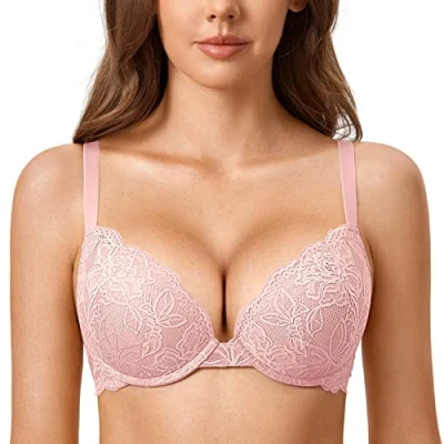 Image de DOBREVA Femme Soutien Gorge Push Up Dentelle avec Armatures Plongeant Rembourré Moulé Rose Nue 90A
