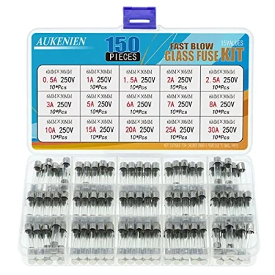 Image de AUKENIEN 15 Valeurs 150 Pièces 250V 6x30mm Fusible Verre 0,5A 1A 1,5A 2A 2,5A 3A 5A 6A 7A 8A 10A 15A 20A 25A 30A Ampère Kit D&#039;assortiment de Fusibles en Voiture à Fusion Rapide pour Électroménager