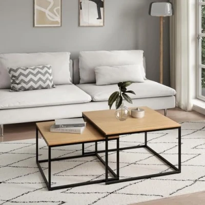 Image de Home Collective Lot de 2 Tables Basses carrées en Bois gigognes avec Structure métal pour Salon, Bureau, Table d&#039;appoint Loft Design Twin Chêne Clair