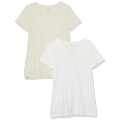Image de Amazon Essentials T Shirt Col en v à Manches Courtes Coupe Classique Femme, Lot de 2, Avoine Chiné/Blanc, XS