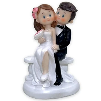 Image de Figurine de gâteau mariage Couple mariés Décoration (style bande dessinée assis sur un banc)