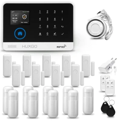 Image de HUXGO® HXA003 Alarme Maison sans Fil WiFi + GSM avec Sirène Système d&#039;alarme Domestique 9X détecteurs de Mouvement, capteurs Porte TUYA App.