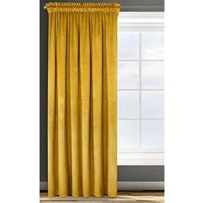 Image de Design91 Eurofirany Rosa Rideau en Velours Doux Uni Opaque avec Galon Fronceur 1 Unité, Moelleux, Panneau Drapé, Classique, Élégant, Salon, Chambre, 200 g/m², 135x300 cm, Jaune Moutarde