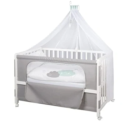 Image de roba Lit Cododo Complet 60 x 120 cm Happy Cloud Textiles Complets avec Motif de Nuages Matelas, Ciel, Parure 4 Roues à Freins Bois Blanc