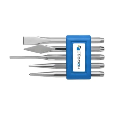 Image de Hogert Technik HT3B713 Ciseau + kit de poinçons 5 12x9.5x130, 5x9.5x130, 4x9.5x150, 3.5x9.5x120, 4x9.5x120 Acier chrome vanadium