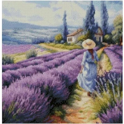 Image de max stitch design Kit de broderie au point croix compté Fille à la lavande, tissu Aïda 14 fils, fil 100 % coton, 150 x points, 26 cm