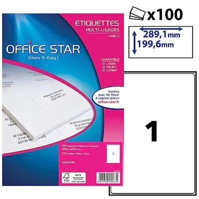 Image de OFFICE STAR Boite de 100 étiquettes autocollantes blanches multi usages, format 199,6 x 289,1 mm, personnalisables et imprimables tous types d&#039;imprimantes laser, jet d&#039;encre, copieur