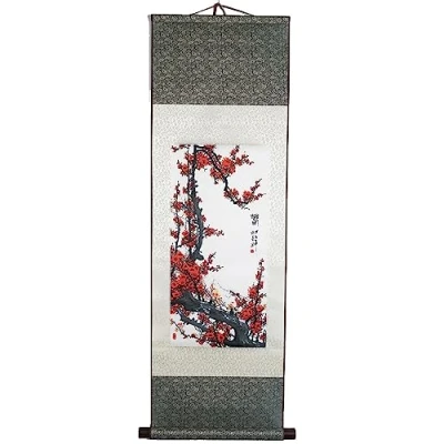 Image de lachineuse Kakemono Fleurs de Prunier Tapisserie Murale Décoration Japonaise à Suspendre 100 x 30 cm Symbole d&#039;Espoir Tableau Japonais Estampe Coloris Gris Idée Cadeau Japon Asie