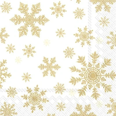 Image de Lot de 20 serviettes en papier Motif flocons neige dorés sur fond blanc Hiver Noël Décoration table 33 x cm
