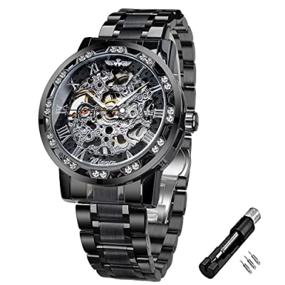 Image de Winner Montre squelette mécanique manuelle rétro avec diamant et fleur sculptée pour homme classique à chiffres romains