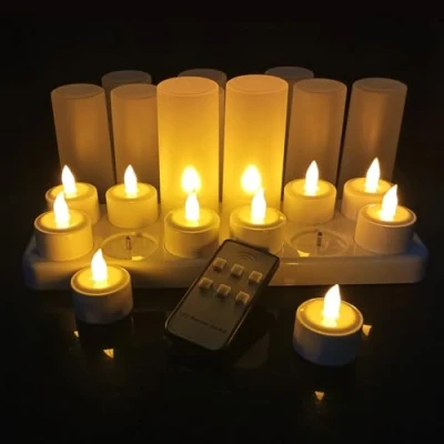 Image de QSPORTPEAK bougies LED avec télécommande,12 pcs de thé sans flamme,vacillant comme vraies bougies,bougies rechargeables station charge,convient pour les Noël,fête,jaune