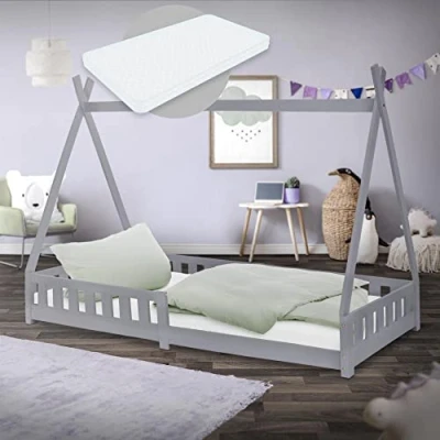 Image de ML Design Lit Enfant Tipi 90x200 cm Gris Clair avec Matelas à Mousse Froide Polyester, H:10 cm, Housse Amovible, Sommier Lattes, Anti Chute, Style Indien Bois de Pin, Protection Contre Chutes
