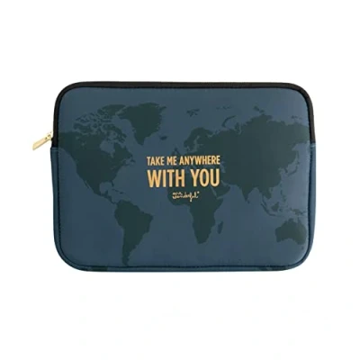 Image de Mr. Wonderful Étui Universel avec Motif mapamundi sur Fond Bleu Marine et Typographie Take me Anywhere with You. Rembourré renforcé Fermeture éclair