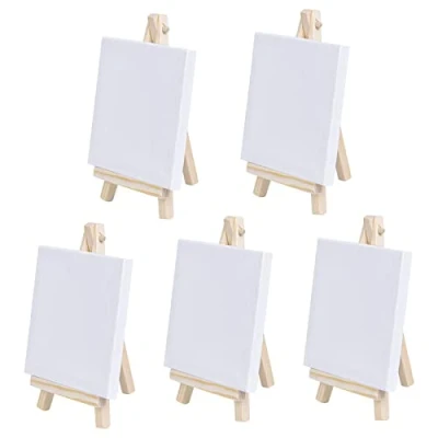 Image de Lot de 5 Mini Chevalet Bois avec Toile a Peindre,Toile Vierge Pré Étendue et Apprêtée Table pour la Peinture à l’Huile l’Acrylique le Dessin (L10 xW10 cm (3,93 x 3,93 Pouces)