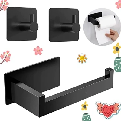 Image de 1 Pièce Porte Papier Toilette Adhesif Noir + 2 Autocollant Acier INOX, INOX Derouleur WC, Adhésif de sans Forage Support (Noir)