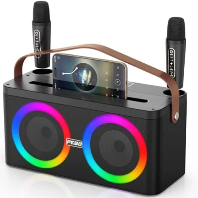 Image de PKBD Machine de Karaoké avec Support pour Téléphone/Tablette, Système Portable 2 Microphones sans Fil/Lumières LED/Système Sonorisation Fête à Domicile, Cadeaux d&#039;anniversaire