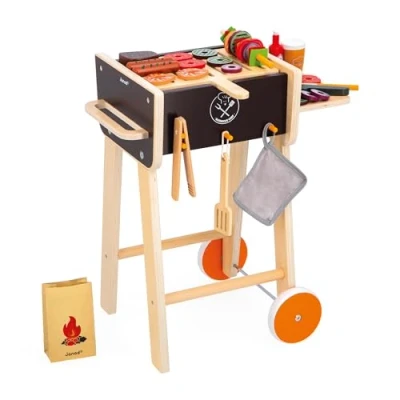 Image de Janod Barbecue en Bois Jouet d&#039;imitation Cuisine et Dinette pour Enfants 57 Accessoires Inclus 2 Roues Silencieuses Dès 3 Ans,J06619