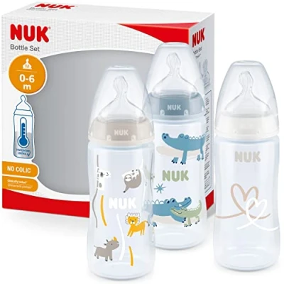 Image de Nuk First Choice+ Lot de 3 biberons pour bébé 0 à 6 mois, contrôle la température, anti coliques, 300 ml, sans BPA, tétine en silicone, safari 10225266