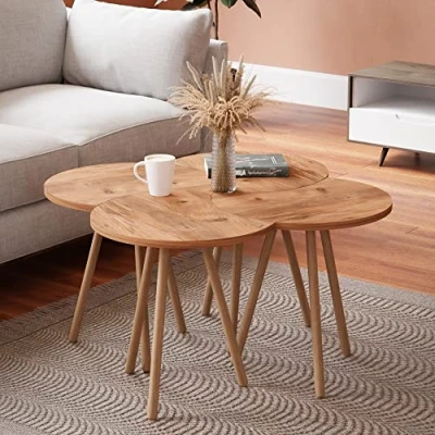 Image de [en.casa] Set de 4 Tables Basses Emboîtables d&#039;Appoint pour Salon Chambre Panneau Particules Bois Hêtre 48 x 77 cm Effet Naturel