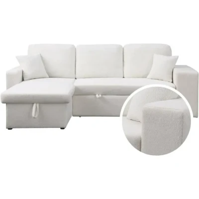 Image de Habitat et Jardin Canapé d&#039;angle Convertible Réversible Axel 3 Places Blanc Lit Design Moderne en Tissu Bouclette Espace de Stockage (Méridienne) + Étagères