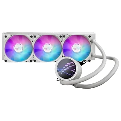 Image de ASUS ROG RYUO III 360 ARGB Blanc Refroidisseur liquide CPU tout en un (écran LED Anime Matrix, solution de pompe Asetek 8e gen, 3 ventilateurs refroidissement 120 mm, Aura Sync RGB)