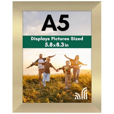 Image de Americanflat Cadre Photo A5 Doré MDF avec Verre Incassable Poli, Chevalet &amp; Matériel de Suspension Intégré Format Horizontal et Vertical pour Mur Dessus Table 14,8x21 cm