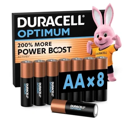 Image de Duracell Optimum Piles AA (lot de 8) Alcalines 1,5V Jusqu’à 200% plus longtemps ou puissant Alimentez vos appareils énergivores Recyclable, 0% plastique LR6 MX1500