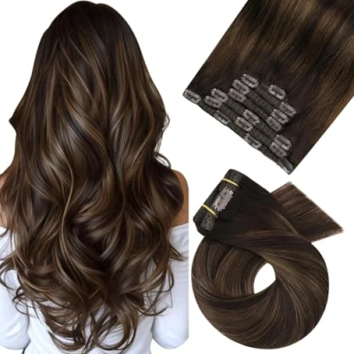 Image de Moresoo Extensions Cheveux Naturels à Clips Chatain Extension Clip Ombre Brun le plus Foncé Moyen avec Humain 45 cm #2/6/2 7 Pièces/120g