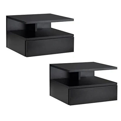 Image de HOMCOM Lot de 2 Tables Chevet murales Nuit tiroir Coulissant, Niche, Plateau Panneaux Particules Noir