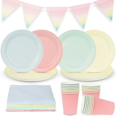 Image de Talking Tables décorations de fête pastel pour 16 invités, assiettes en carton, serviettes jetables, tasses anniversaire d&#039;enfant, thé l&#039;après midi, prénatale, recyclables