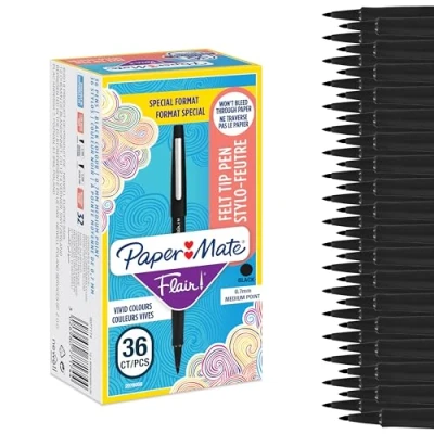 Image de Paper Mate Flair Feutres de Coloriage, pointe moyenne (0,7 mm), noir, lot 36