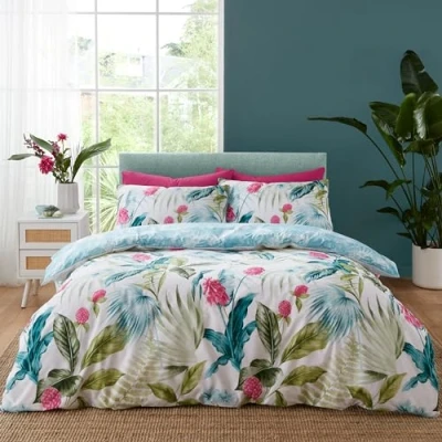 Image de Catherine Lansfield Aruba Parure de lit Double réversible avec Housse Couette et taies d&#039;oreiller Motif Floral Tropical Vert