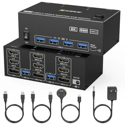 Image de KVM Commutateur 2 PC 3 moniteurs, KCEVE HDMI + 1 DisplayPort USB 3.0 8K @ 30Hz/4k@144Hz triple moniteur pour PC, écrans et 4 périphériques