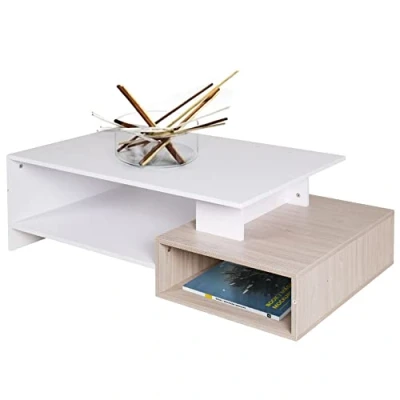 Image de BAKAJI Blanc Table de Salon rectangulaire Design Moderne Bois 4 étagères Oak, Polycarbonate d&#039;ingénierie Chêne, 106,5 x 60 34,5