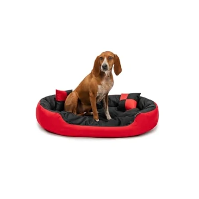 Image de lionto Lit pour Chien 4 en 1 avec Coussin réversible, 85x70 cm, Animaux de Compagnie Toutes Tailles résistant aux griffures entrée Basse, Rouge/Noir