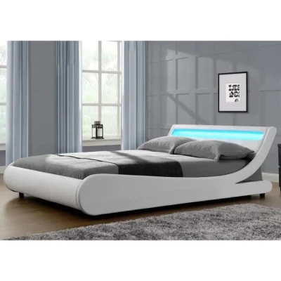 Image de Habitat et Jardin Lit Double Natacha en Simili Blanc avec LED Intégrées 160 x 200 cm Cadre de 2 Places Design Sommier à Lattes Inclus