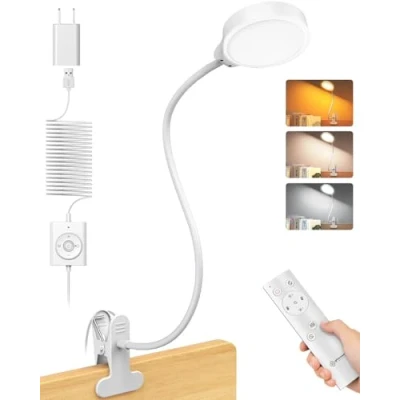 Image de Glocusent 5W Lampe de Bureau LED avec 36 Perles, Col Cygne Pince pour Lit 3 Couleurs et 5 Luminosité, CRI 90, Lampes Lecture Parfaite Coucher des Enfants