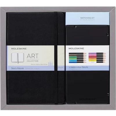 Image de Moleskine Ensemble de Dessin Cahier Croquis et Crayons Aquarelle à Pages Blanches, Grand Format 13 x 21 cm dans 12 Teintes Différentes