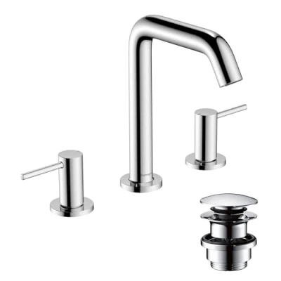 Image de hansgrohe Tecturis S Mitigeur de lavabo 3 trous avec vidage Push Open, Robinet salle bain hauteur sous bec 150 mm, économie d&#039;eau (EcoSmart+), Chromé, 73330000