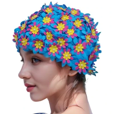 Image de Medifier Bonnet de bain à fleurs avec pétales pour femme Style rétro , bleu