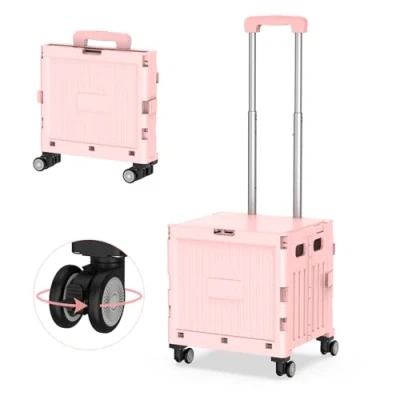 Image de Dazone Chariot de Courses Pliable, Transport avec Couvercle, Roue Rotative Silencieuse à 360 et Poignée Télescopique, Diable Pliable pour Shopping, Stockage (Rose, Pliable)