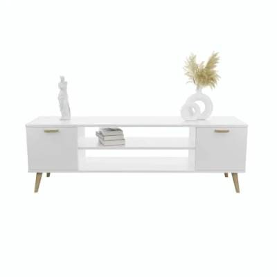 Image de Meuble TV Focus blanc, pieds bois, style scandinave L 155 cm